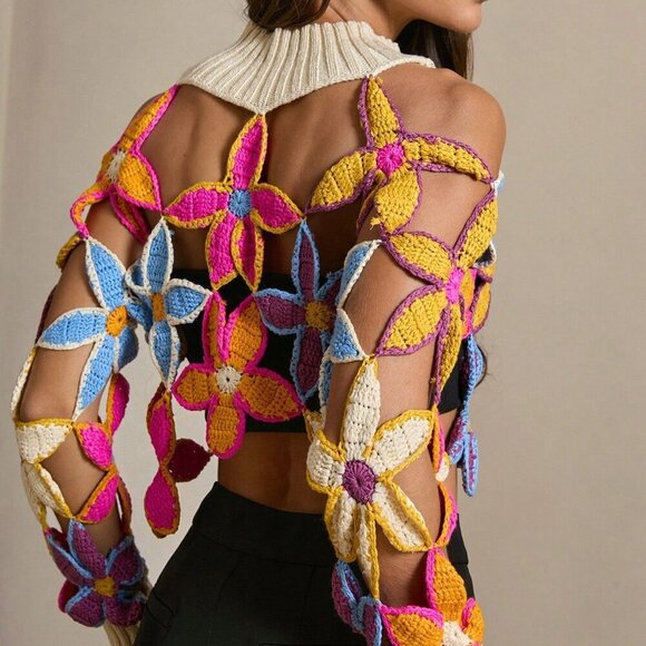 Apricot Casual Women's Hollow Out Floral Pattern Crew Neck Long Sleeve Sweater - Picture 2 of 7